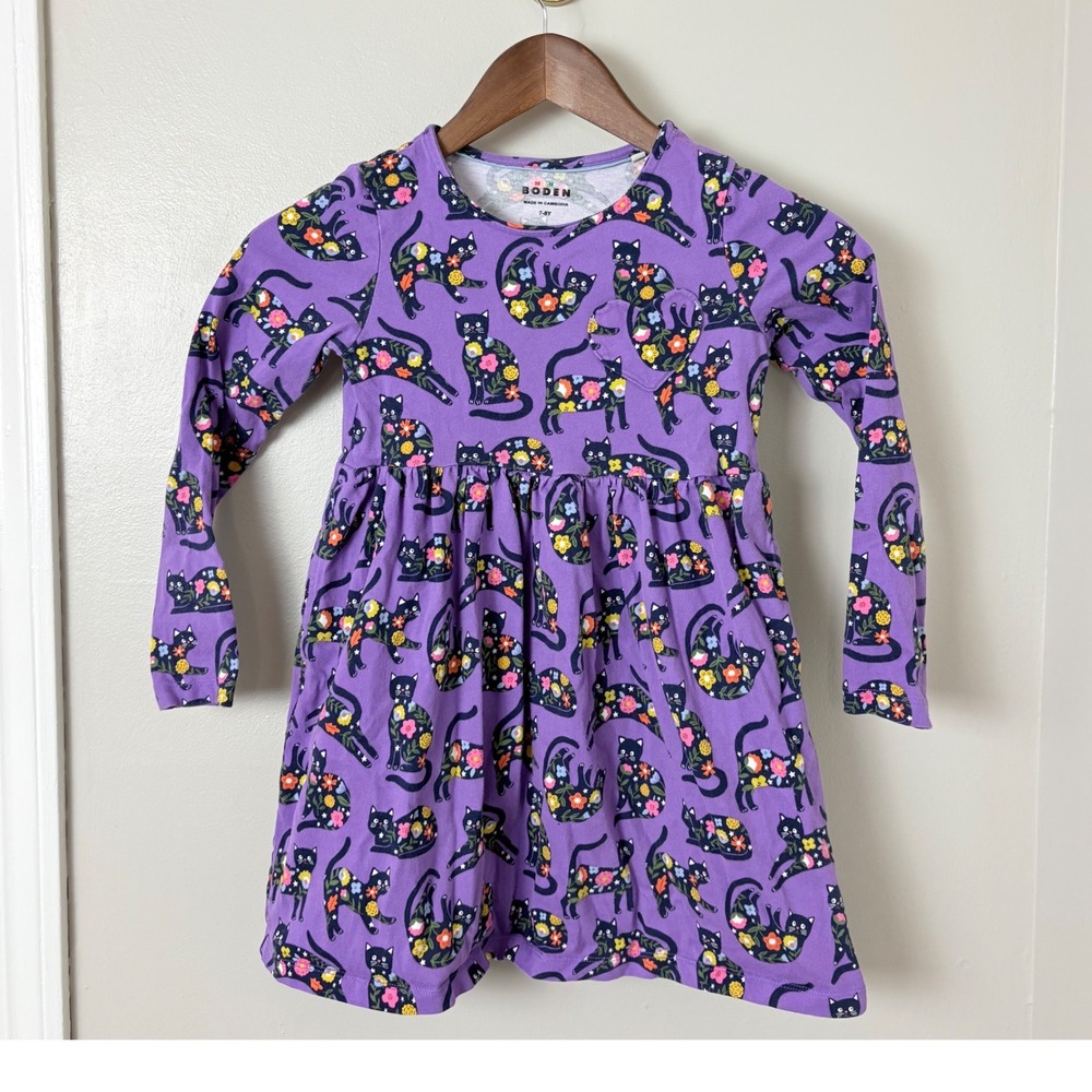 Mini Boden Dress Kids 6-7Y Purple Black Floral Cat Long Sleeve Jersey